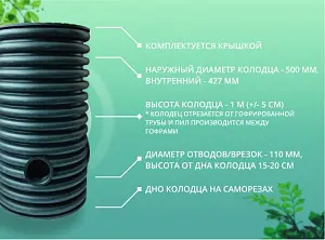 Дренажный колодец d500 h1000 с черной крышкой (отводы 110 мм) 1