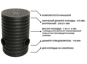 Дренажный колодец d315 h1000 с черной крышкой (отводы 110 мм) 2