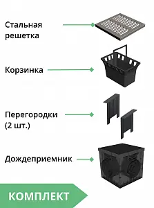 Комплект: Дождеприемник Gidrolica Point ДП-30.30 со стальной оцинк. реш., перегородками и корзиной 3