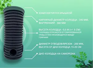 Дренажный колодец d340 h 500 с зеленой крышкой (отводы 200 мм) 2