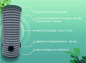 Дренажный колодец d460 h6000 с зеленой крышкой (отводы 200 мм) 1