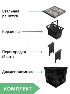 Комплект: Дождеприемник Gidrolica Point ДП-30.30 со стальной оцинк. реш., перегородками и корзиной 4
