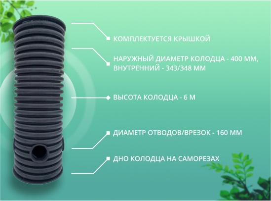 Дренажный колодец d400 h6000 с черной крышкой (отводы 160 мм) 1