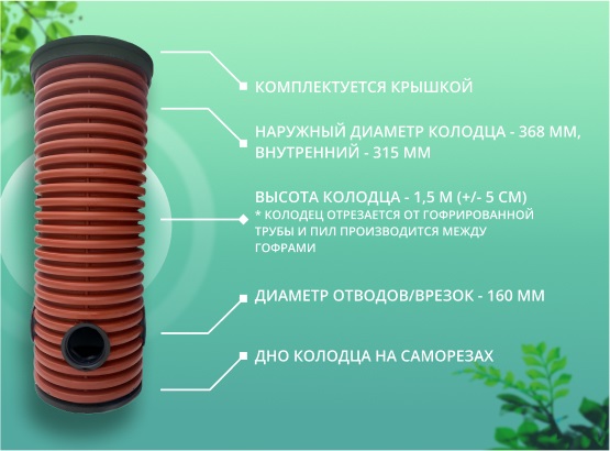Дренажный колодец d368 h1500 с зеленой крышкой (отводы 160 мм) 1