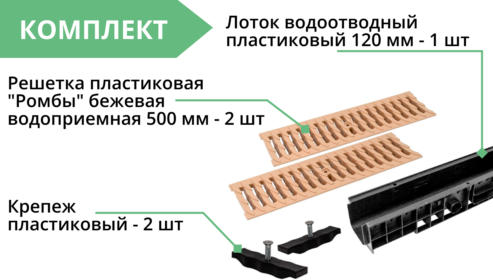Комплект: Лоток Европартнер 120 мм с пластиковыми решетками бежевыми "Ромбы" 1 метр 3