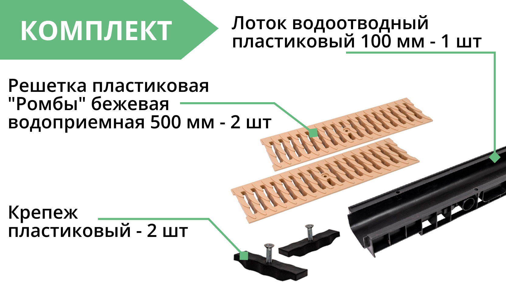 Комплект: Лоток Европартнер 100 мм с пластиковыми решетками бежевыми "Ромбы" 1 метр 3