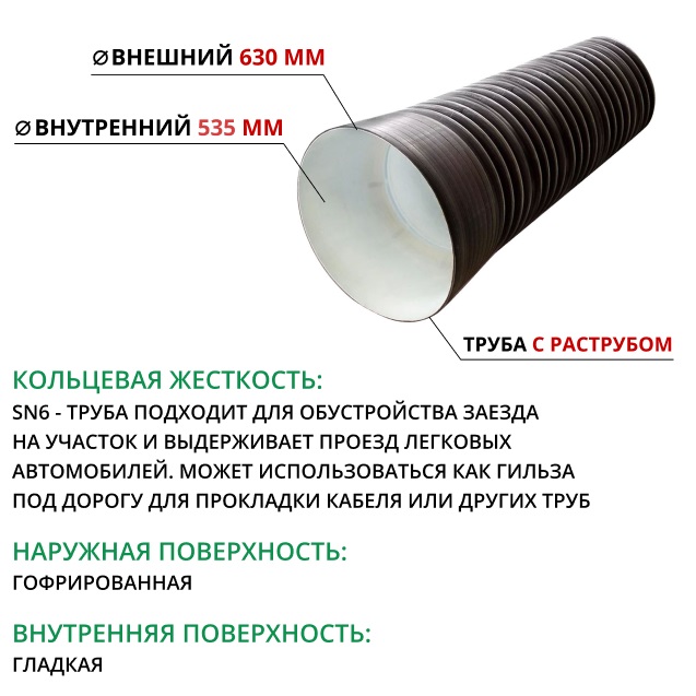 Труба ПЭ sn6  630/535 6,3м с раструбом (Тип2) 1