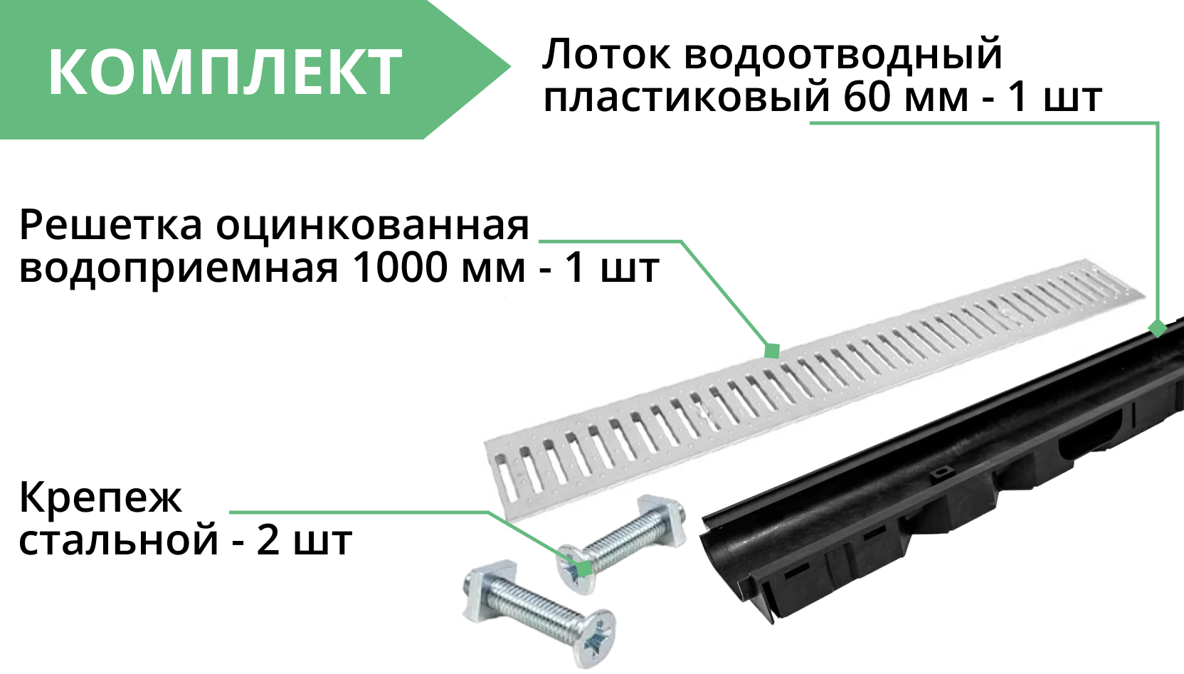 Комплект: Лоток Европартнер 60 мм с оцинкованной решеткой с креплениями 1 метр 3