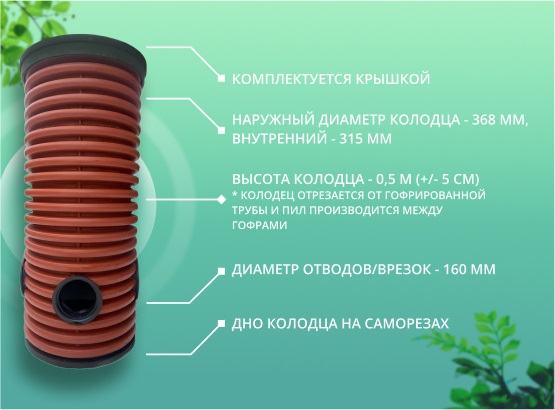 Дренажный колодец d368 h 500 с зеленой крышкой (отводы 160 мм) 1
