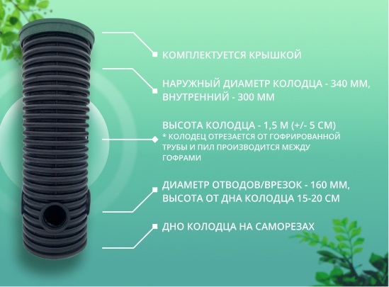 Дренажный колодец d340 h1500 с зеленой крышкой (отводы 160 мм) 1