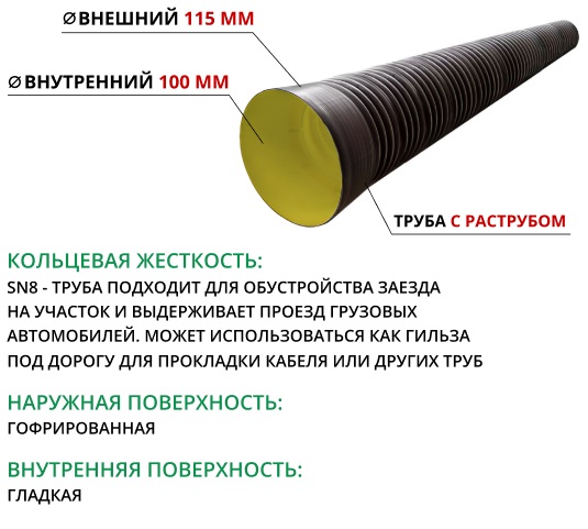 Труба ATL Pe SN8  115/100 6м с раструбом с упл. кольцом 1