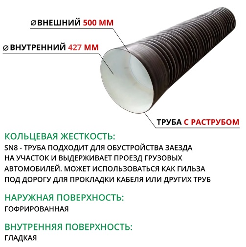 Труба ПЭ SN8  500/427 6м с раструбом 1