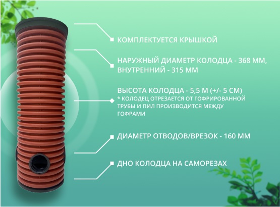 Дренажный колодец d368 h5500 с зеленой крышкой (отводы 160 мм) 1