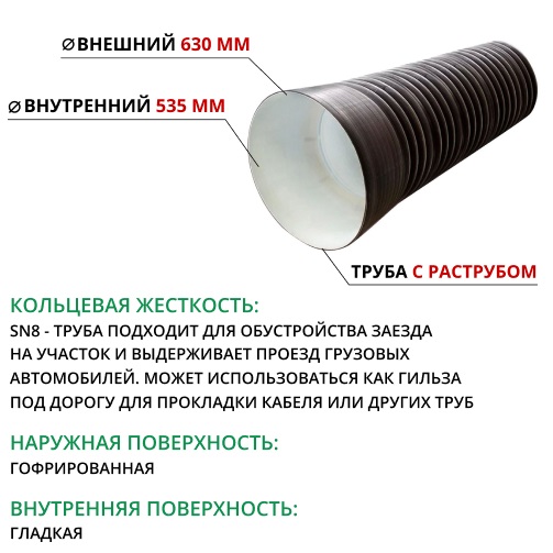 Труба ПЭ SN8  630/535 6,3м с раструбом (Тип2) 1